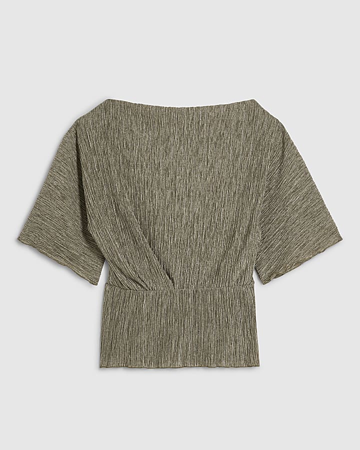 Khaki Short Sleeve Plisse Batwing Top
