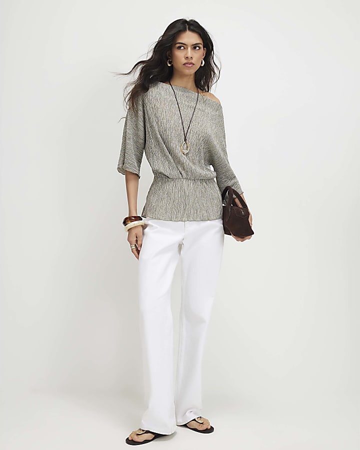 Khaki Short Sleeve Plisse Batwing Top