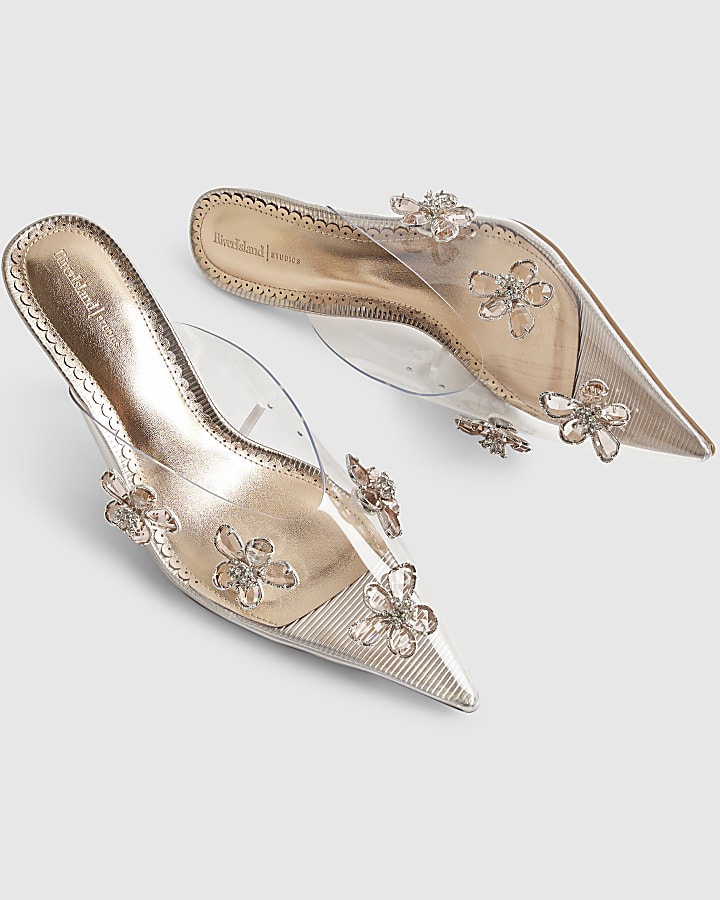 Rose Gold Perspex Diamante Flower Court Heels
