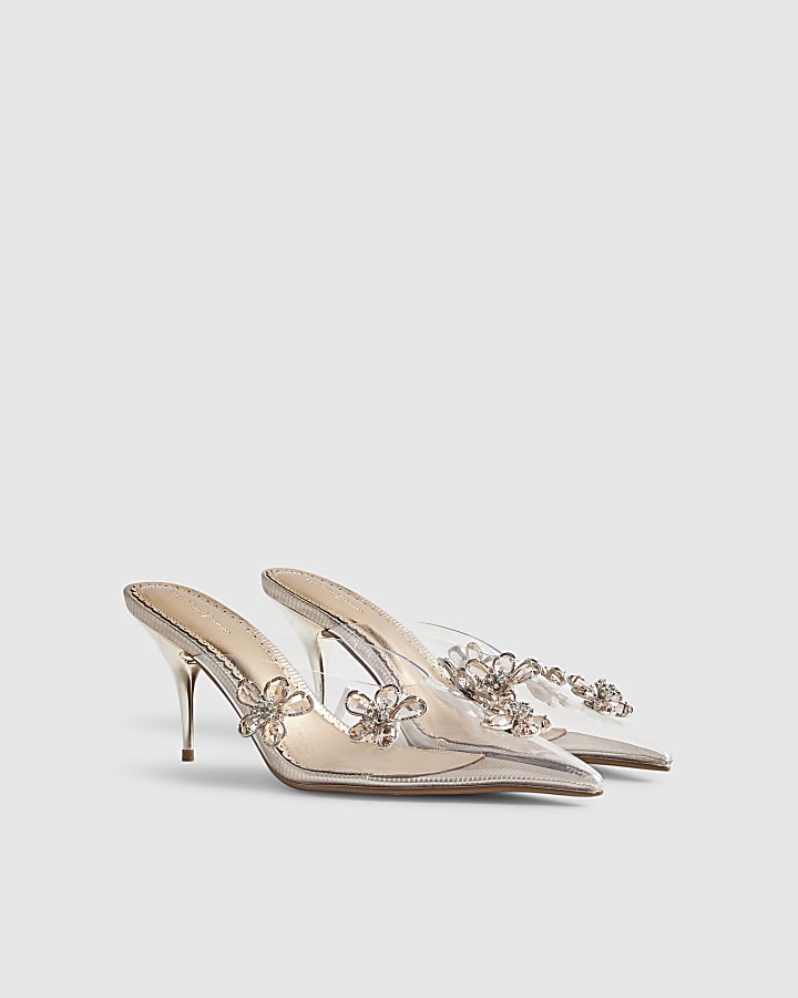 Rose Gold Perspex Diamante Flower Court Heels