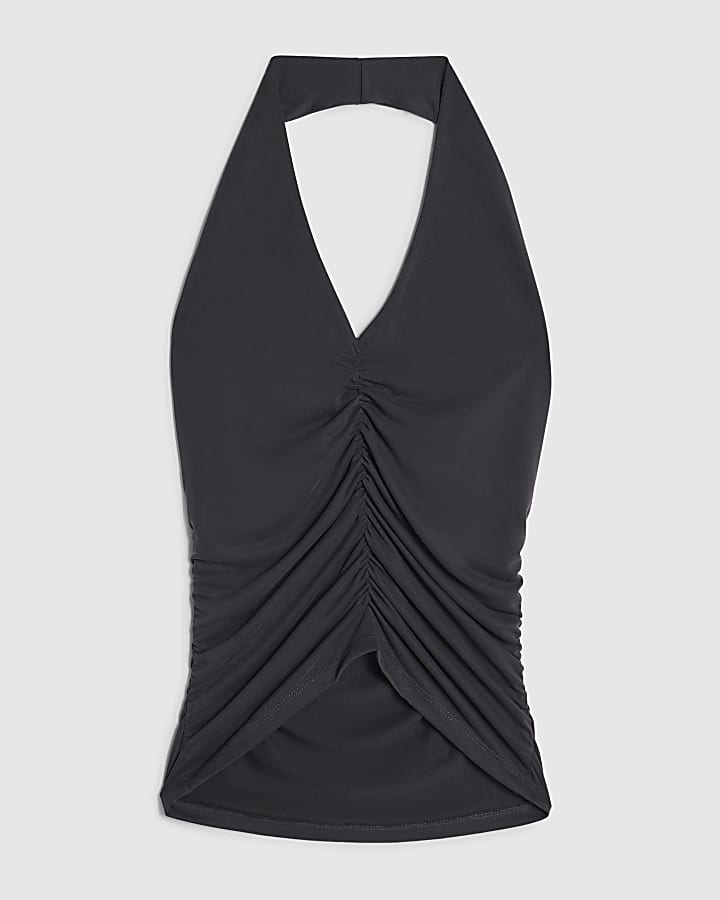 Black Ruched Halter Neck Top
