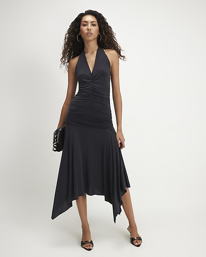 Black Ruched Halter Neck Top