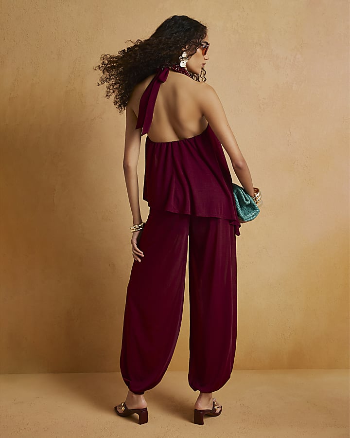 Red Halter Balloon Jumpsuit