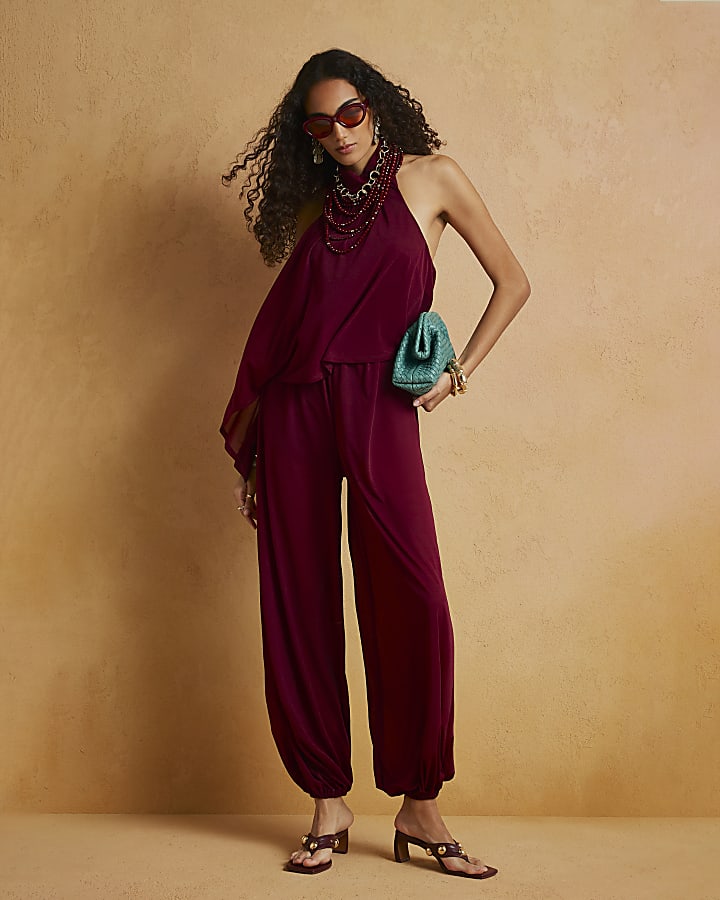 Red Halter Balloon Jumpsuit