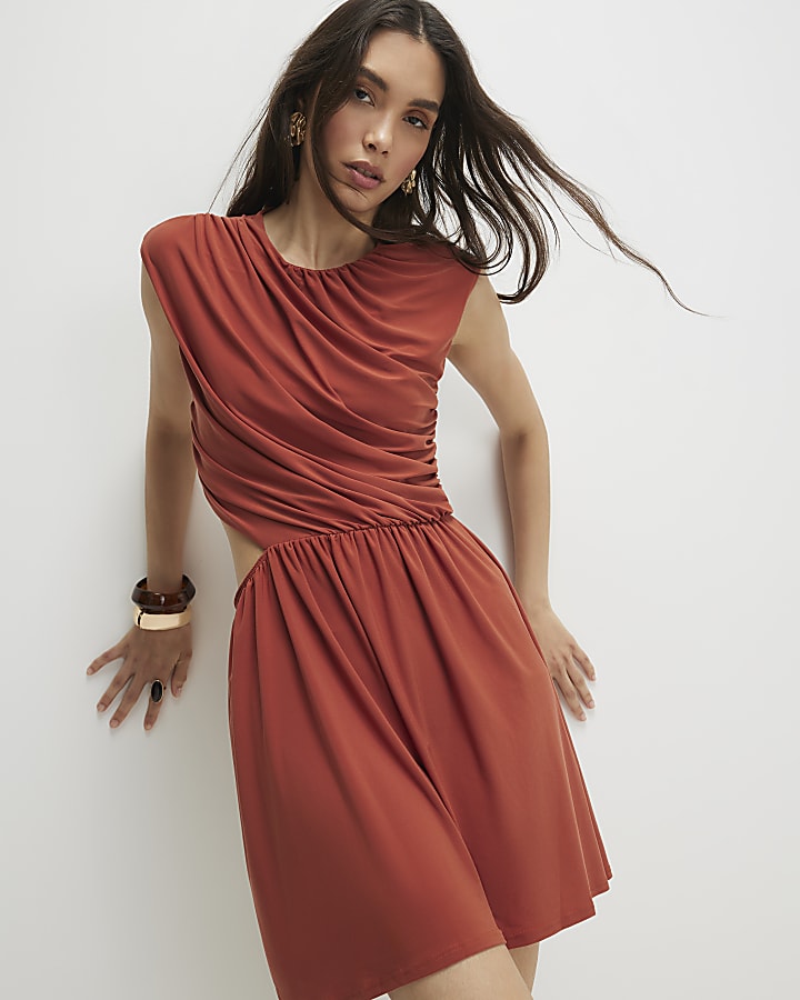 Orange Ruched Cut Out Mini Dress