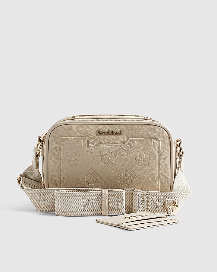 Cream Pocket Front Monogram Cross Body Bag