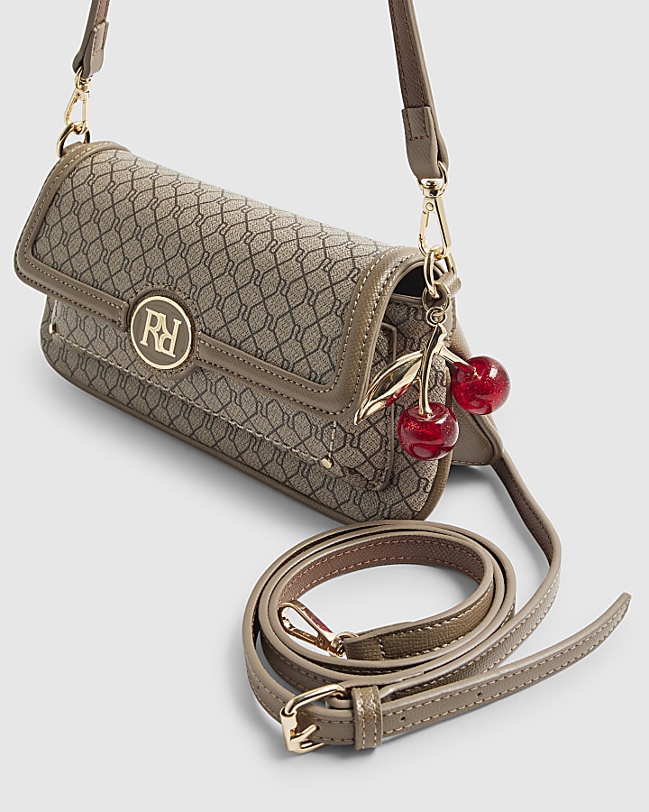 Beige Monogram Print Flap Front Shoulder Bag