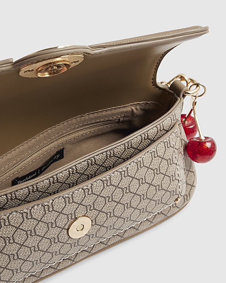 Beige Monogram Print Flap Front Shoulder Bag