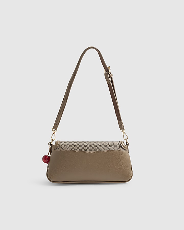 Beige Monogram Print Flap Front Shoulder Bag