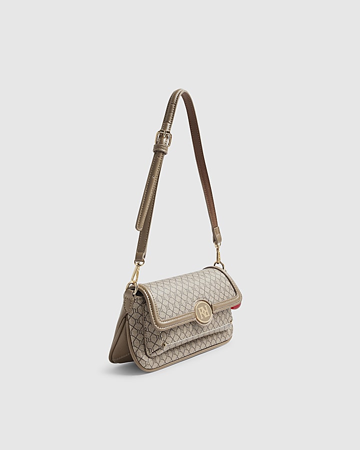 Beige Monogram Print Flap Front Shoulder Bag
