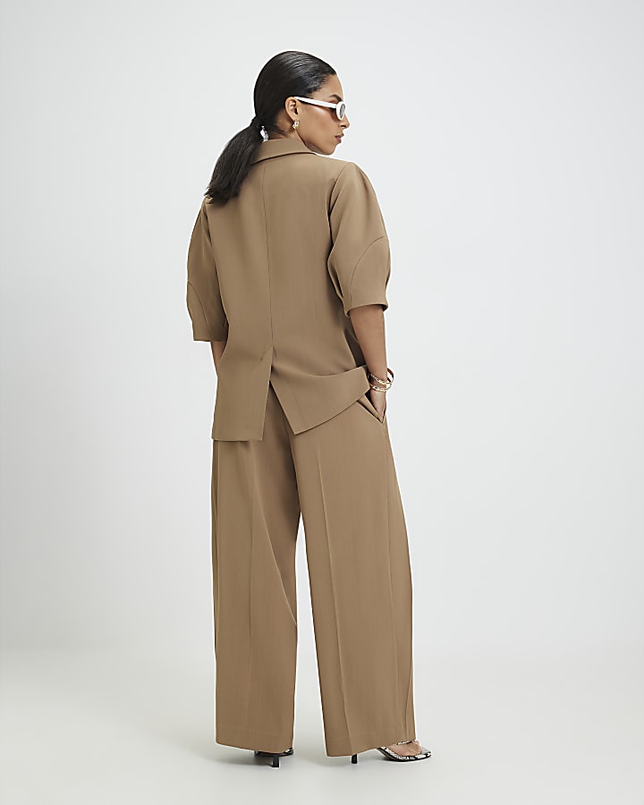 Petite Beige Belted Barrel Leg Trousers
