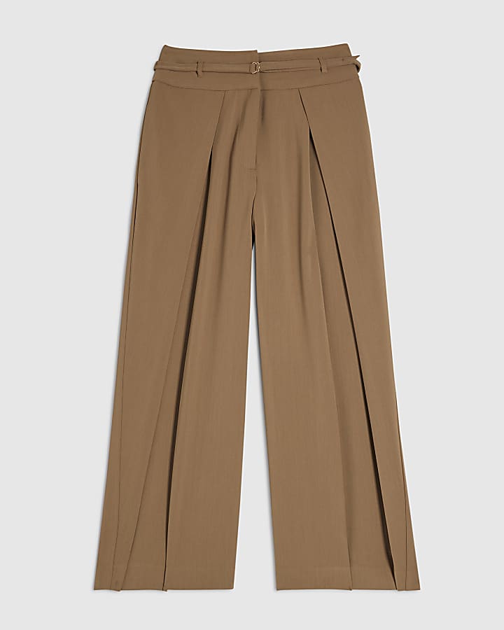 Petite Beige Belted Barrel Leg Trousers