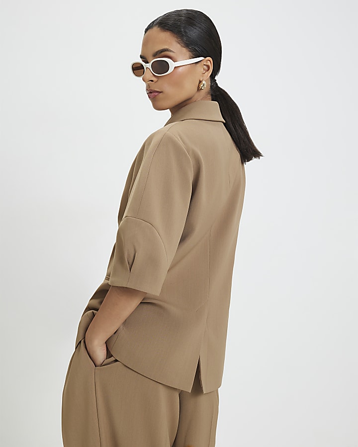 Petite Beige Short Sleeve Tailored Blazer