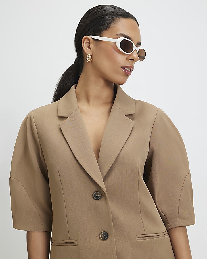 Petite Beige Short Sleeve Tailored Blazer