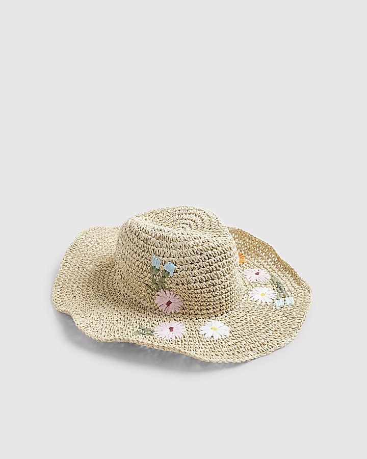 Beige Floral Straw Hat