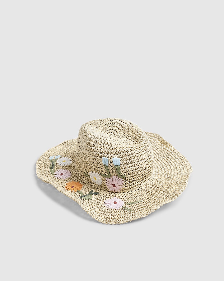 Beige Floral Straw Hat