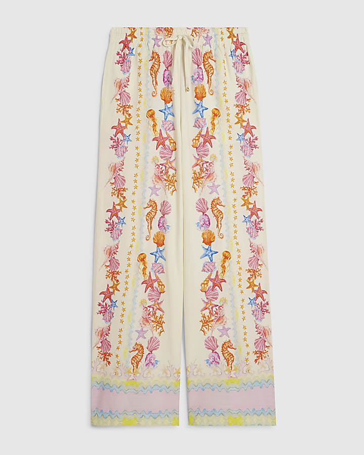 Cream Sea Life Print Wide Leg Trousers