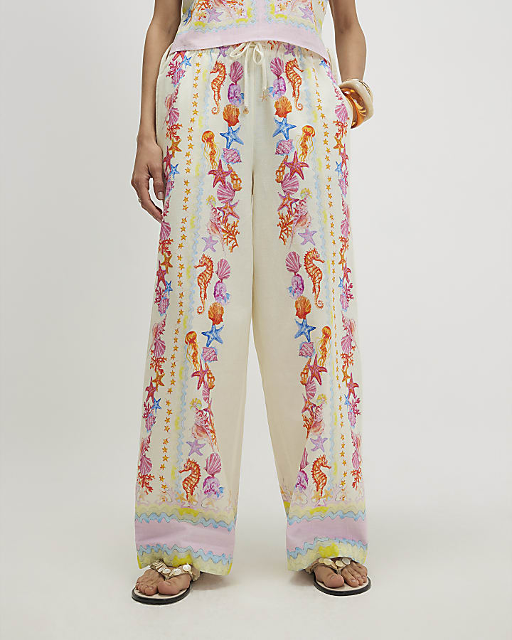 Cream Sea Life Print Wide Leg Trousers
