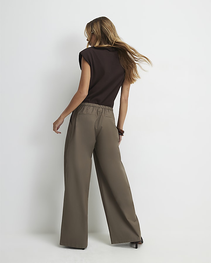 Khaki Tie Waist Super Wide Leg Trousers