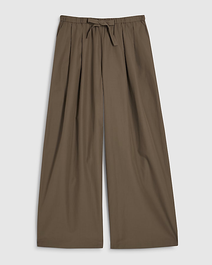 Khaki Tie Waist Super Wide Leg Trousers
