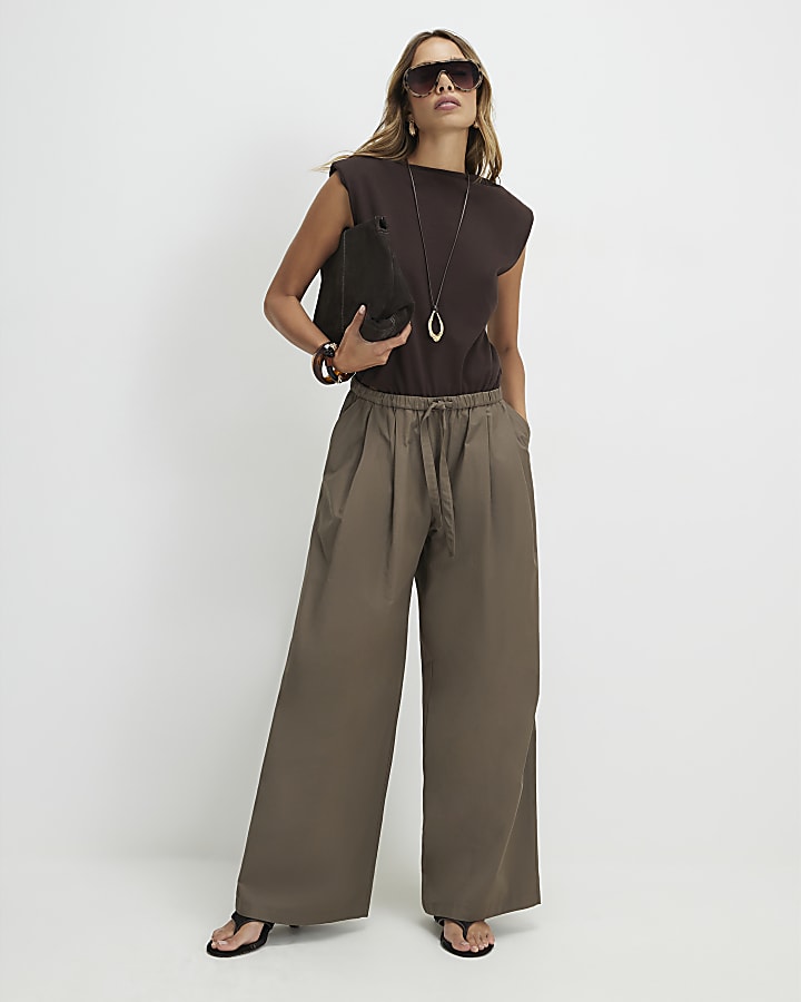 Khaki Tie Waist Super Wide Leg Trousers