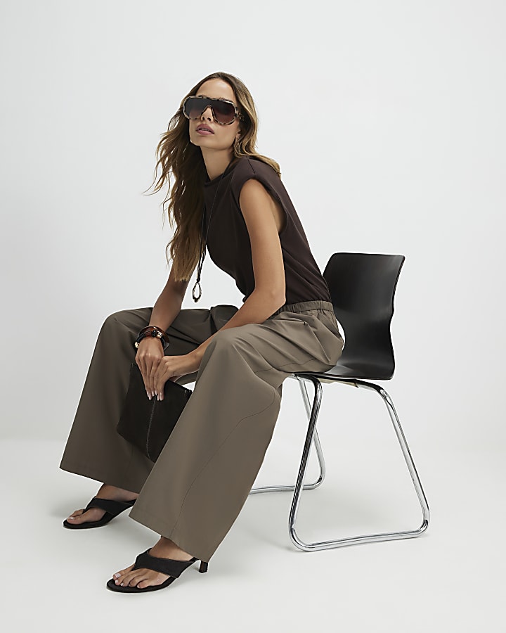 Khaki Tie Waist Super Wide Leg Trousers