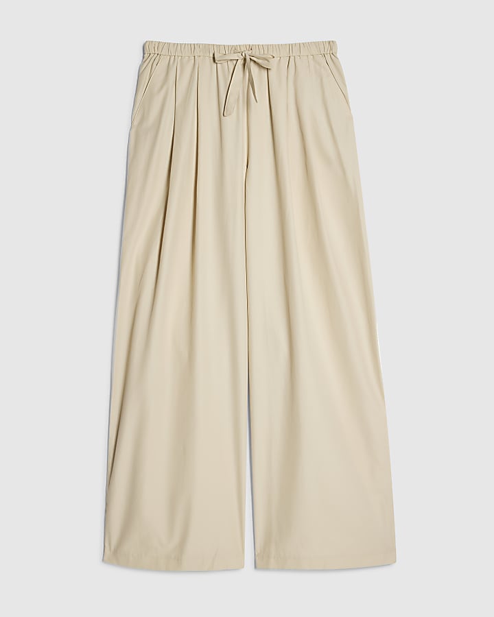 Cream Mid Rise Tie Waist Wide Leg Trousers