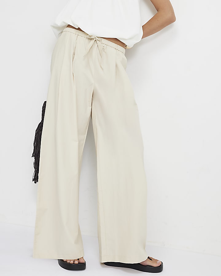 Cream Mid Rise Tie Waist Wide Leg Trousers