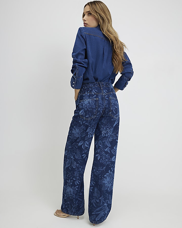Blue Relaxed Straight Floral Print Jeans