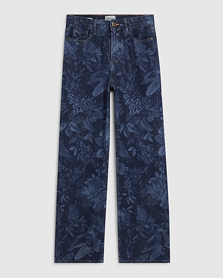 Blue Relaxed Straight Floral Print Jeans