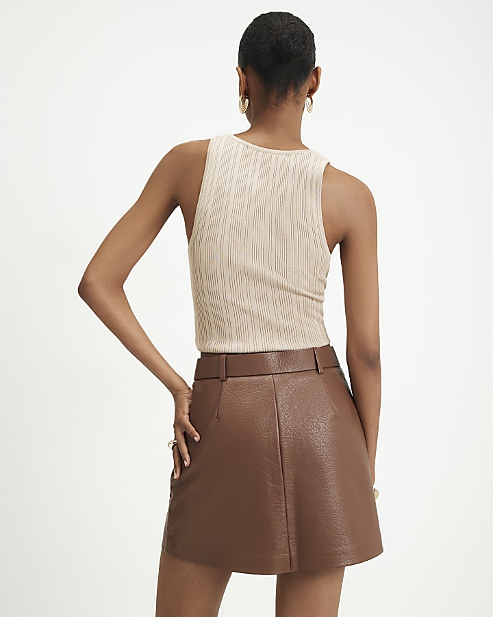 Brown Faux Leather Utility Belted Skirt