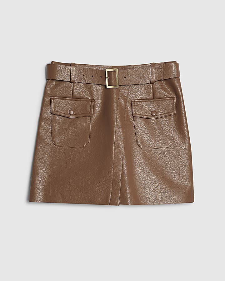 Brown Faux Leather Utility Belted Skirt