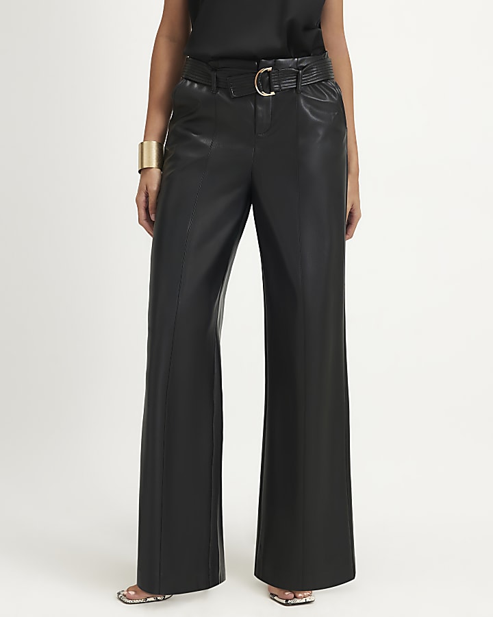 Black D Ring Belted Wide Leg Trousers