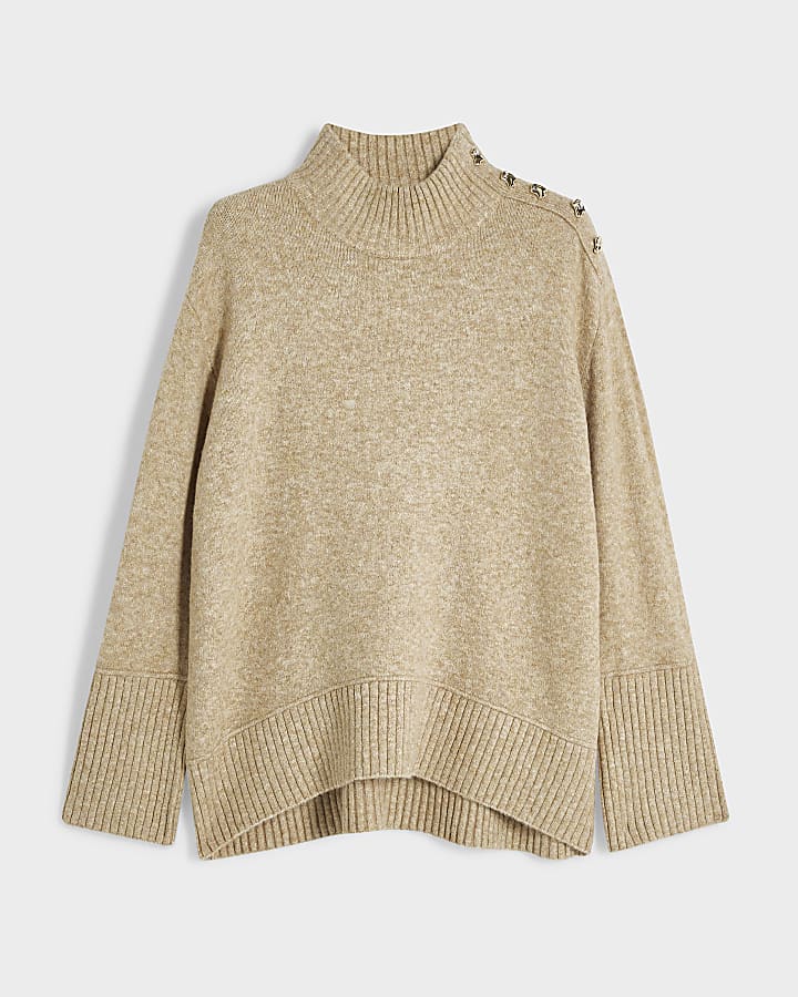 Beige Button Shoulder Jumper