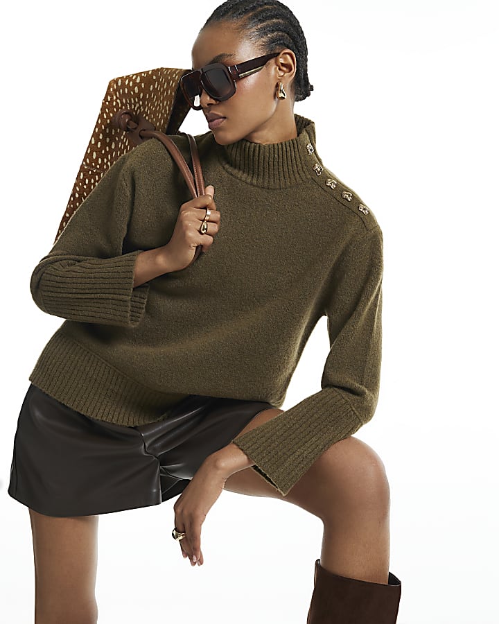 Khaki Button Shoulder Jumper