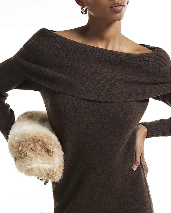 Brown Bardot Jumper Dress