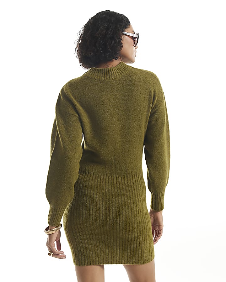 Khaki Button Shoulder Jumper Dress