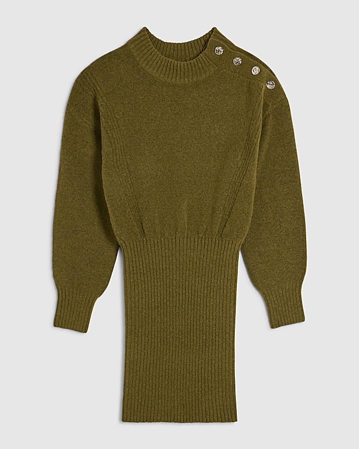 Khaki Button Shoulder Jumper Dress