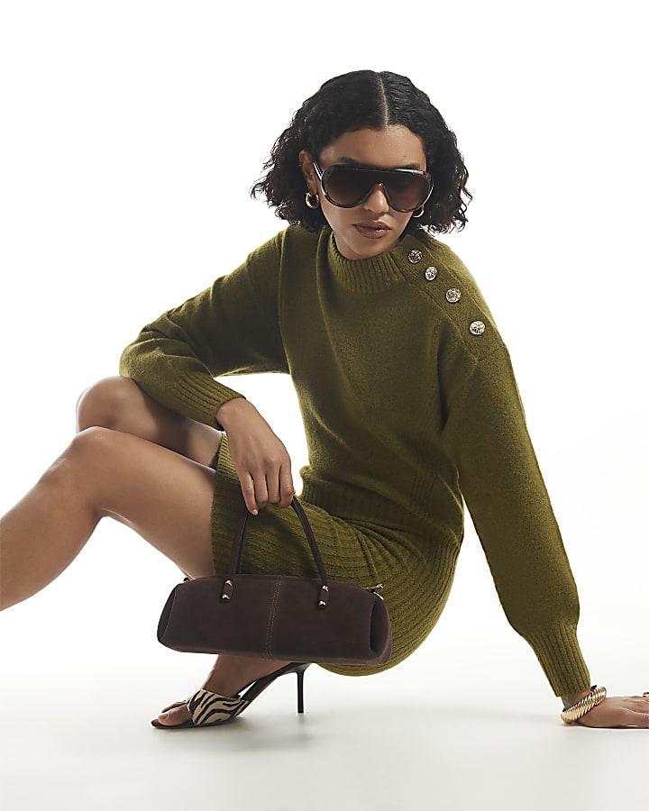 Khaki Button Shoulder Jumper Dress