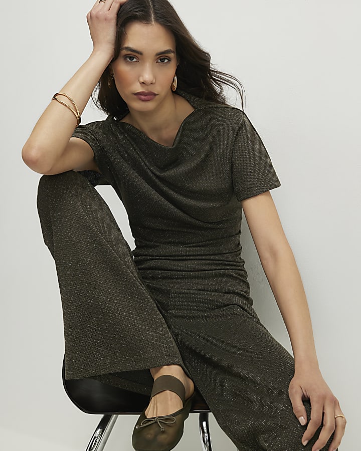 Khaki Glitter Drape Top