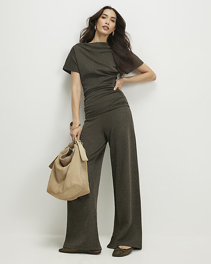 Khaki Glitter Drape Top