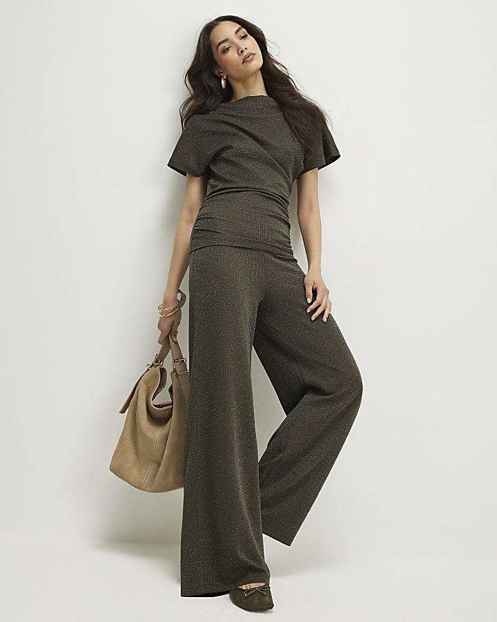 Khaki Glitter Wide Leg Trousers
