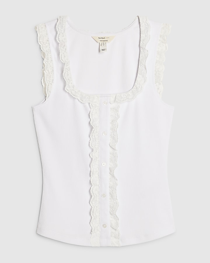 White Lace Trim Ruffle Tank Top