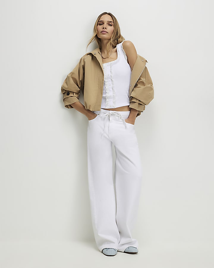 White Lace Trim Ruffle Tank Top