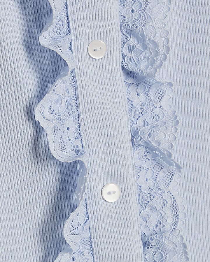 Blue Cotton Lace Trim Ruffle Tank Top