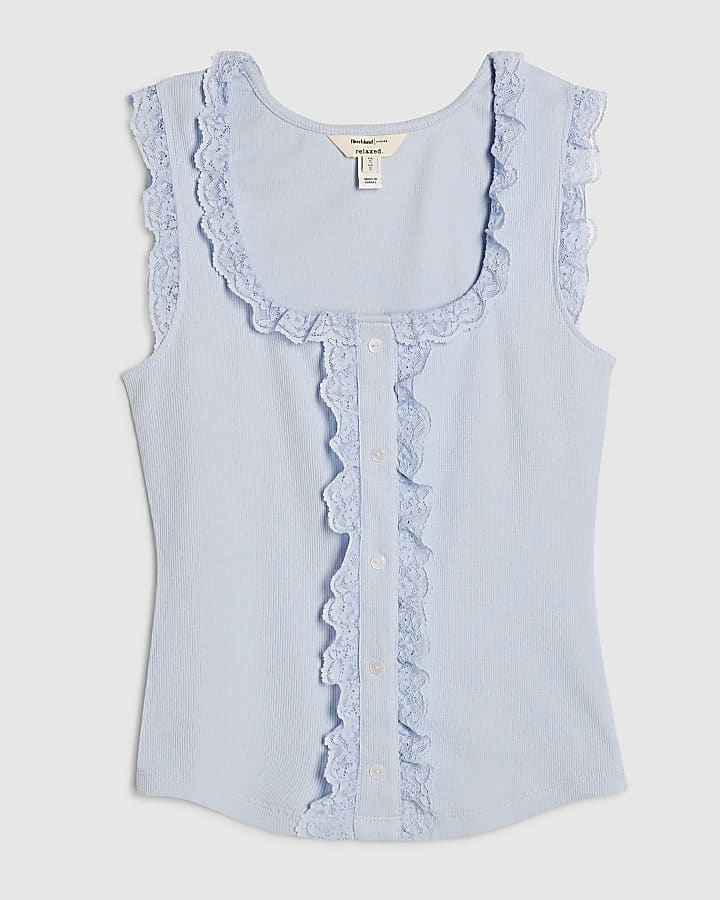 Blue Cotton Lace Trim Ruffle Tank Top