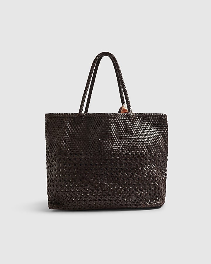 Brown Scarf Leather Woven Shopper Bag