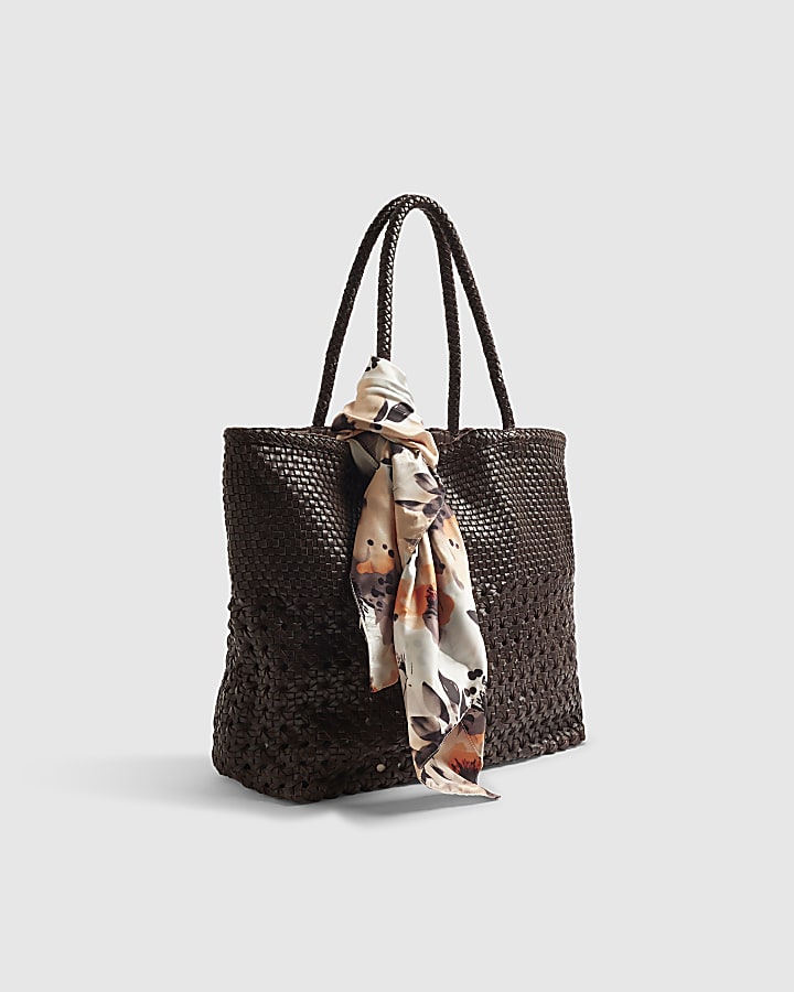 Brown Scarf Leather Woven Shopper Bag