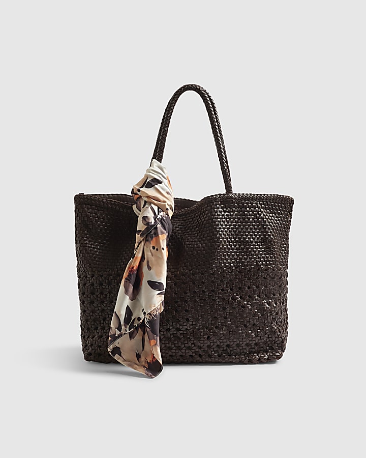 Brown Scarf Leather Woven Shopper Bag