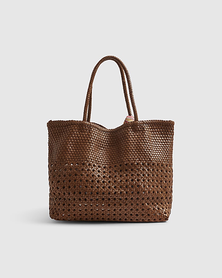 Beige Scarf Leather Woven Shopper Bag